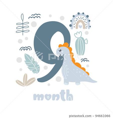 9 nine months Baby boy anniversary card metrics. Baby shower print with cute animal dino, flowers and palm capturing all special moments. Baby milestone card for newborn 9 nine months Baby boy anniversary card metrics. Baby shower print with cute animal dino, flowers and palm capturing all special moments. Baby milestone card for newborn 94661066