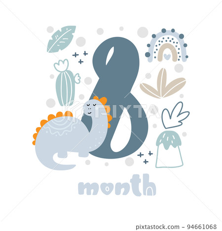 8 eight months Baby boy anniversary card metrics. Baby shower print with cute animal dino, flowers and palm capturing all special moments. Baby milestone card for newborn 94661068