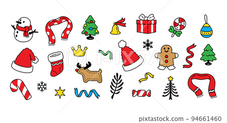 Christmas icon Santa Claus hat snowflake vector christmas tree candy cane gift box raindeer snowman ribbon bell polka dot scarf Ginger bread logo character cartoon symbol illustration doodle clip art  94661460