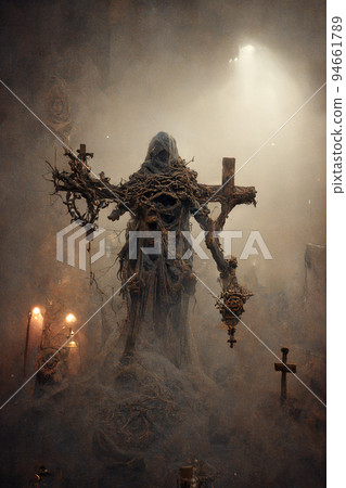 Concept art illustration of undead zombie exorcist on graveyard 94661789