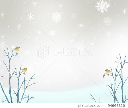 Fashionable snowflake falling landscape-Nordic style white frame illustration background material of a singing little bird perched in a winter tree Fashionable snowflake falling landscape-Nordic style white frame illustration background material of a singing little bird perched in a winter tree 94662810