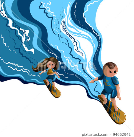 Vector image of a sports pair of surfers. Joint passage of life barriers. Concept. EPS 10 94662941