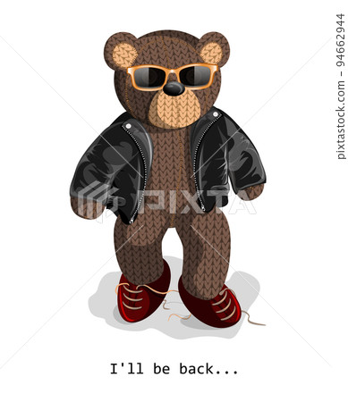 Vector image of a soft toy bear, depicted alive with a hint of humanity, standing in a leather jacket and sunglasses. Concept. EPS 10 94662944