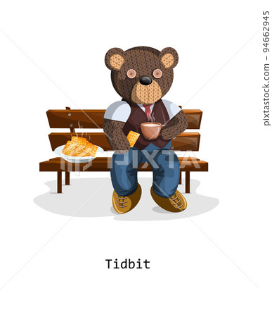Vector image of a toy bear sitting with a cup and a treat. Concept. EPS 10 94662945