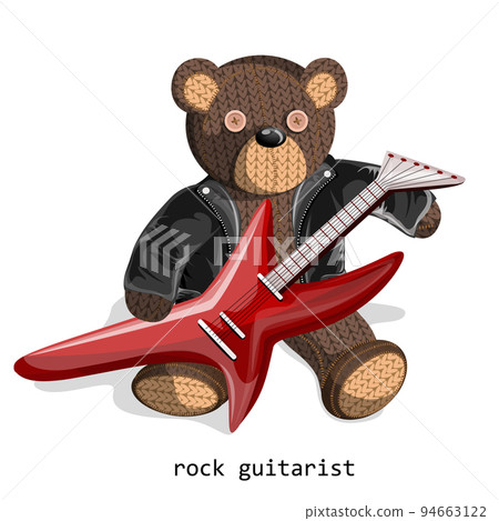 Vector image of a soft toy bear depicted alive with a hint of humanity with an electric guitar in a leather jacket. Concept. EPS 10 Vector image of a soft toy bear depicted alive with a hint of humanity with an electric guitar in a leather jacket. Concept. EPS 10 94663122