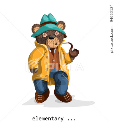 Vector image of a soft toy bear, depicted alive with a hint of humanity, with a smoking pipe in a hat and coat. Concept. EPS 10 Vector image of a soft toy bear, depicted alive with a hint of humanity, with a smoking pipe in a hat and coat. Concept. EPS 10 94663124