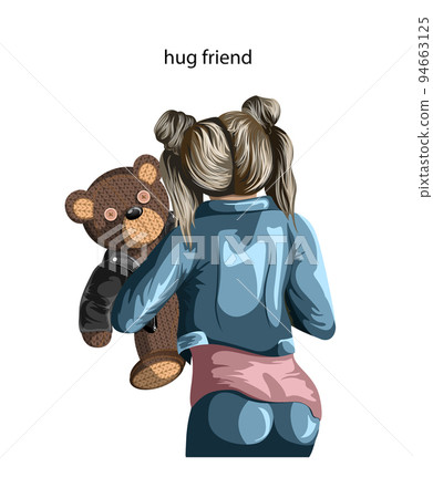 Vector image of a soft toy bear held by a young girl with her back to the viewer. Concept. EPS 10 Vector image of a soft toy bear held by a young girl with her back to the viewer. Concept. EPS 10 94663125