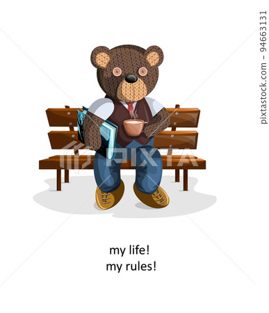Vector image of a soft toy bear, depicted alive with a hint of humanity and aristacratic origin on a dough with a cup of hot milk and a book. Concept. EPS 10 Vector image of a soft toy bear, depicted alive with a hint of humanity and aristacratic origin on a dough with a cup of hot milk and a book. Concept. EPS 10 94663131
