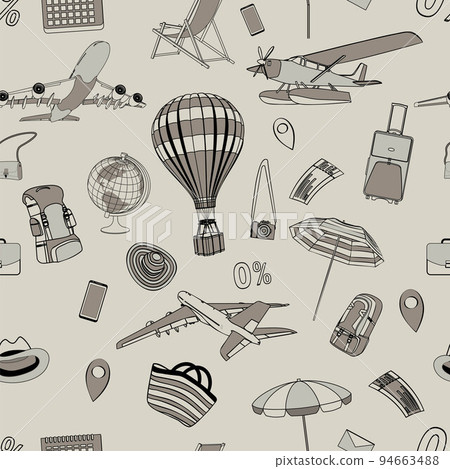 Seamless texture on the theme of aviation and tourism. Vector. 94663488