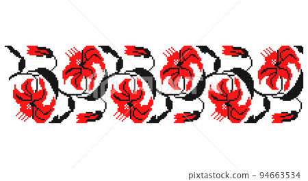 Embroidered good like old handmade cross-stitch ethnic Ukraine pattern. Ukrainian towel ornament, rushnyk called, vector. 94663534