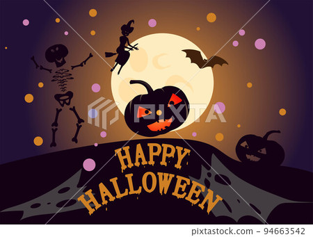 Jack pumpkin and skeleton against the background of the moon. Vector. 94663542