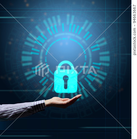 Virtual screen with padlock and hand. The concept of protecting personal information on the network. Virtual screen with padlock and hand. The concept of protecting personal information on the network. 94663667
