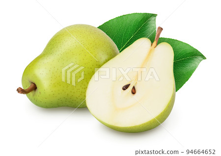 Green pear fruit with half isolated on white background with full depth of field 94664652