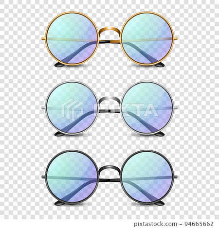 Vector 3d Realistic Round Frame Glasses Set with Blue Glass isolated, Transparent Sunglasses for Women and Men, Accessory. Optics, Lens, Vintage, Trendy Glasses. Front View 94665662