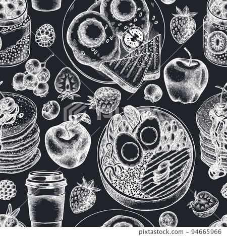 Breakfast seamless pattern background design. Engraved style. Hand drawn pancakes, bowl with avocado, chia pudding, fried eggs, raspberry, blueberry, strawberry, apples, paper cup. Breakfast seamless pattern background design. Engraved style. Hand drawn pancakes, bowl with avocado, chia pudding, fried eggs, raspberry, blueberry, strawberry, apples, paper cup. 94665966