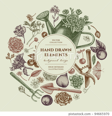 Gardening circle design. Hand drawn watering can, apples, cherry, rose, pears, shovel, rake, secateurs, chamomile, sunflower, forget me not flower, ranunculus, great orange-tip, roses. 94665970