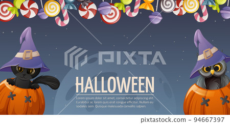 Halloween night background. Black cat and owl are inside pumpkins. Sorcery hat. Sweet treat 94667397