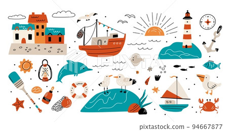 Cartoon sea nautical elements. Ocean travel icons. Summer cute resort objects. Beach holidays. Island lighthouse. Sailing ship. Seagulls and pelicans. Water animals. Garish vector set 94667877