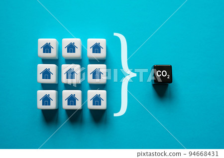 Overall production of CO2 carbon dioxide by households. Improving energy efficiency, lowering impact on environment. Decarbonization. Climate change. Green energy transition. Pollution reduction. 94668431