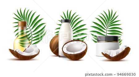 Coconut products compositions. Realistic oil in transparent glass bottle, cream in plastic jar with lid and milk, palm leaves, pieces and halves of nuts, 3d isolated elements. Utter vector set 94669830