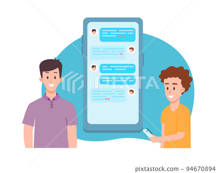 Two smiling boys and huge mobile phone screen with chatting flat style Two smiling boys and huge mobile phone screen with chatting flat style 94670894