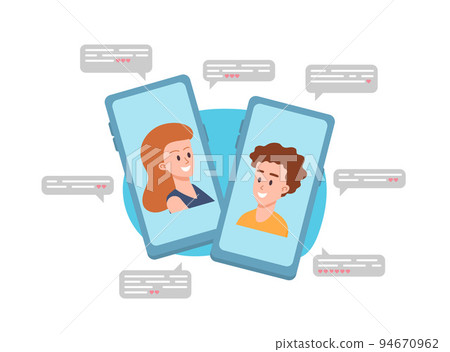 Two mobile phone screens with happy boy and girl faces flat style 94670962