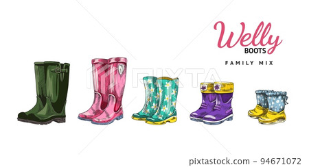 Hand drawn colorful rubber boots for rainy weather, sketch vector illustration isolated on white background. Hand drawn colorful rubber boots for rainy weather, sketch vector illustration isolated on white background. 94671072
