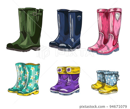 Wellies rubber boots for adults and children set, vector illustration isolated. 94671079