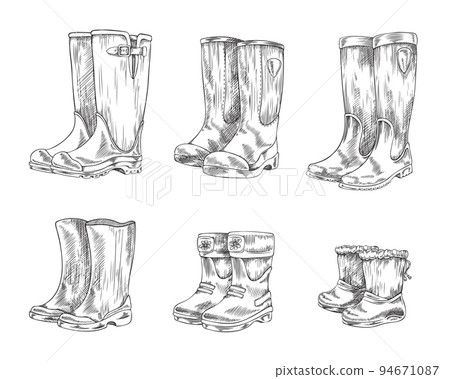 Wellington boots for kids and adults, hand drawn sketch vector illustration isolated on white background. Wellington boots for kids and adults, hand drawn sketch vector illustration isolated on white background. 94671087