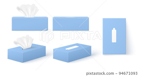 Blue tissue boxes set from different angles, realistic package mockup, 3d vector illustration isolated on white. Blue tissue boxes set from different angles, realistic package mockup, 3d vector illustration isolated on white. 94671093
