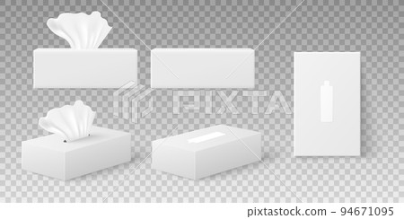 Paper napkins boxes set, opened and closed package, realistic 3d vector illustration isolated on transparent background. 94671095