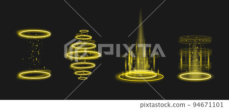 Hologram portals set with abstract circles and sparks, realistic 3d vector illustration isolated on dark background. 94671101
