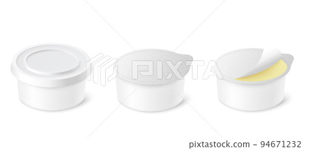 Cream cheese plastic containers set with closed lid and open foil, 3d vector illustration isolated on white background. Cream cheese plastic containers set with closed lid and open foil, 3d vector illustration isolated on white background. 94671232