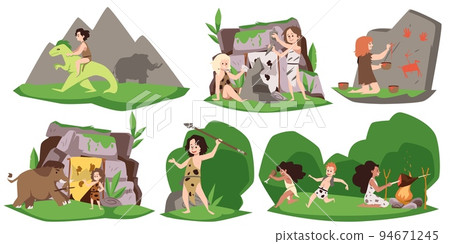 Stone age prehistoric people life scenes flat vector illustration isolated. Stone age prehistoric people life scenes flat vector illustration isolated. 94671245