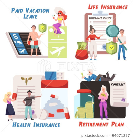 Employees benefit and take care of staff set, flat vector illustration isolated. 94671257