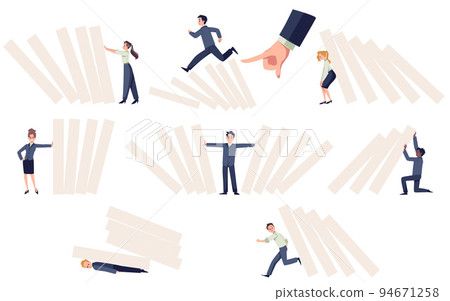 Set of different businesspeople with domino falling effect flat style Set of different businesspeople with domino falling effect flat style 94671258