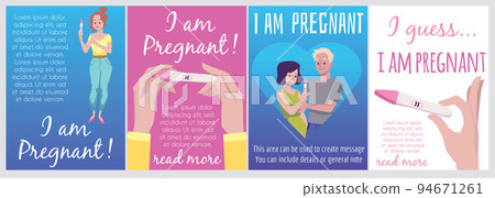 Pregnancy announcement posters set with happy couple holding positive test, flat vector illustration. Pregnancy announcement posters set with happy couple holding positive test, flat vector illustration. 94671261