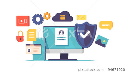 Cyber Security, Computer Protection, Privacy in Internet, Virtual Private Network Concept. Desktop with Shield and Lock Cyber Security, Computer Protection, Privacy in Internet, Virtual Private Network Concept. Desktop with Shield and Lock 94671920