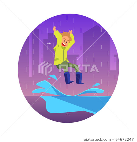 Happy little boy jumping in puddles, flat vector illustration isolated on white background. 94672247