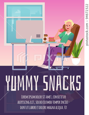 Poster with happy boy sitting at the desk and eating donuts flat style 94672322