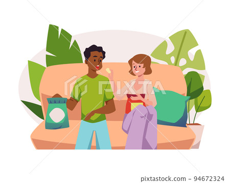 Couple having a snack at home sitting at coach flat vector illustration isolated. 94672324