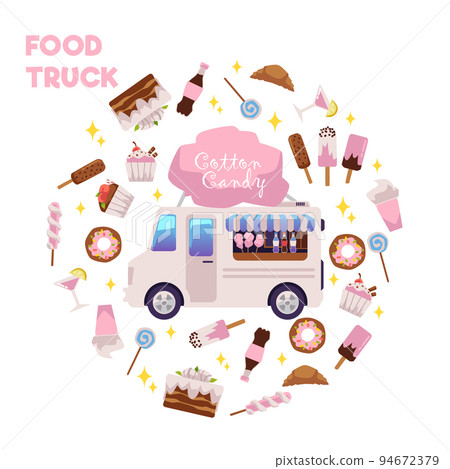 Food truck with sweets and cotton candy flat style, vector illustration 94672379