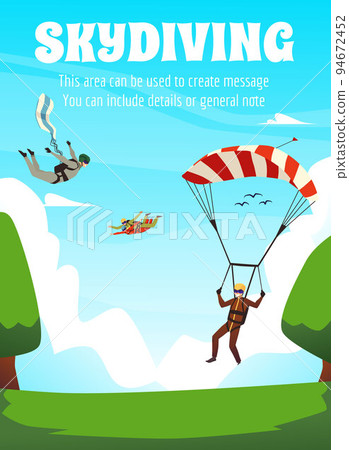 Skydiving sport recreational activity card layout, flat vector illustration. 94672452