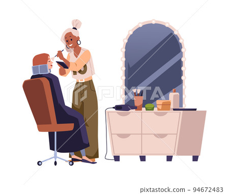 Makeup artist or beautician with happy client, flat vector illustration isolated. 94672483