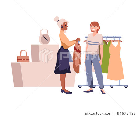 Shopping assistant or salesperson helps to pick right clothes, flat vector illustration isolated on white. Shopping assistant or salesperson helps to pick right clothes, flat vector illustration isolated on white. 94672485