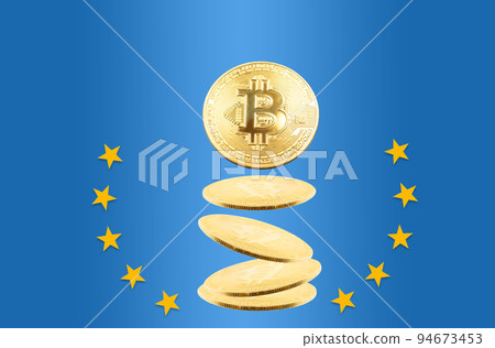 Gold bitcoin coins stacked in a pyramid surrounded by stars. Blue background. The concept of cryptocurrency and brokerage exchange 94673453