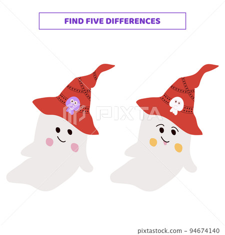 Find five differences between cartoon halloween ghost. 94674140