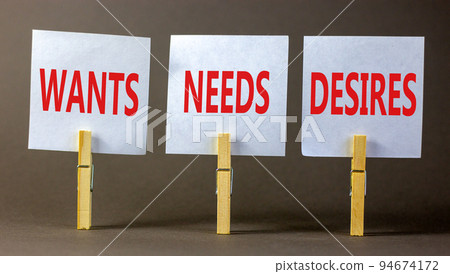 Wants needs and desires symbol. Concept words Wants Needs Desires on white papers on wooden clothespins. Beautiful grey table grey background. Business wants needs desires concept. Copy space. Wants needs and desires symbol. Concept words Wants Needs Desires on white papers on wooden clothespins. Beautiful grey table grey background. Business wants needs desires concept. Copy space. 94674172