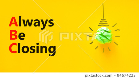 ABC always be closing symbol. Concept words ABC always be closing on a beautiful yellow background. Green light bulb icon. Business and ABC always be closing concept. Copy space. 94674222