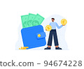 Financial concept. Personal budget, relationship with money, economic growth. A man earns money from a successful deal or investment. Vector flat illustrations isolated on the white background. 94674228